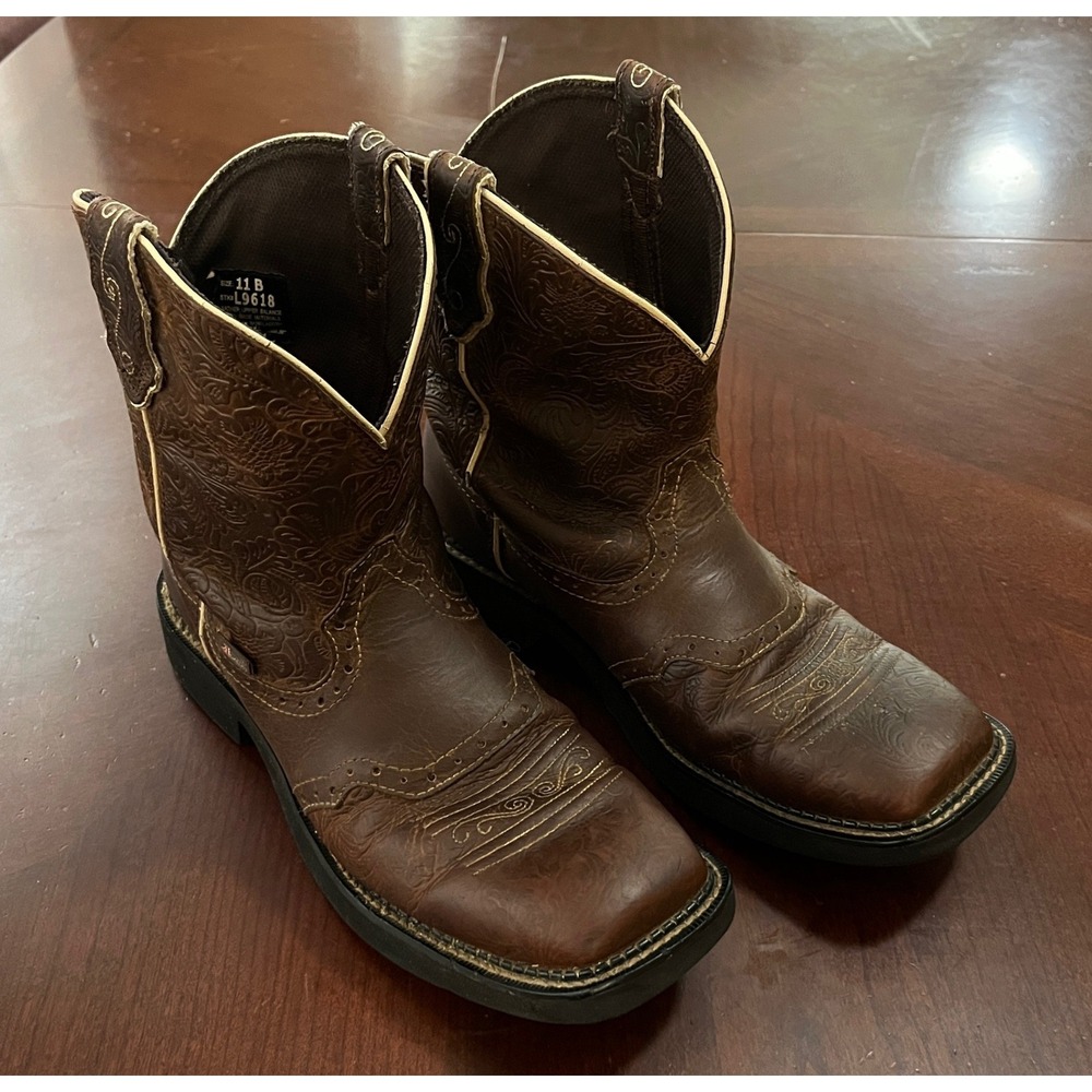 Justin Boots Brown Embossed Leather Ankle Booties